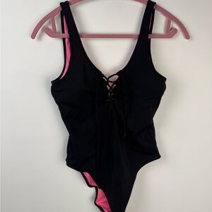 Victoria’s Secret PINK Black Lace Up One Piece Swimsuit Size Small